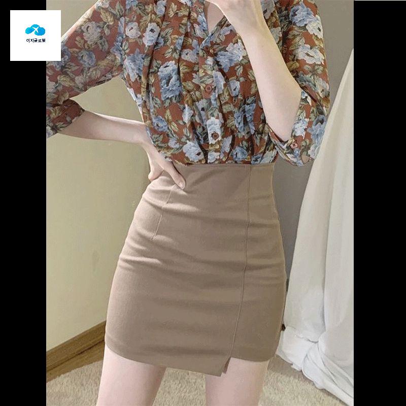 봄여 허리 커트 슬림핏 카멜브라운 타이트 스커트 - 상품 이미지