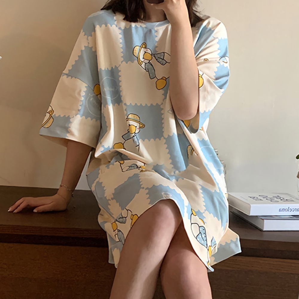 캐릭터 반소매 홈웨어원피스 여름원피스잠옷 예쁜 반팔 여성홈웨어 여자파자마 상하의 - 상품 이미지