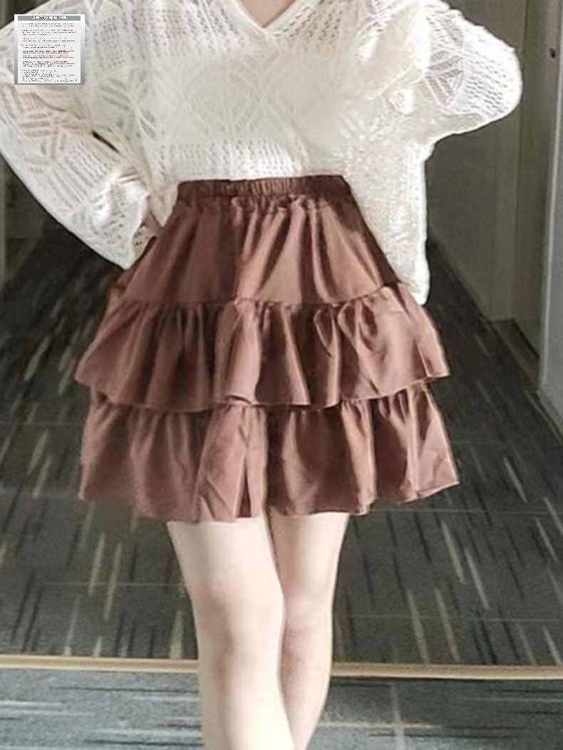 허리 가죽 레더 가을 스커트 프릴 캉캉 블랙 밴딩 브라운 - 상세 이미지 3