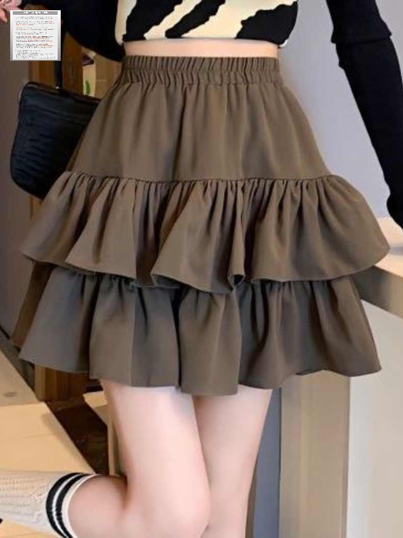 허리 가죽 레더 가을 스커트 프릴 캉캉 블랙 밴딩 브라운 - 상세 이미지 5