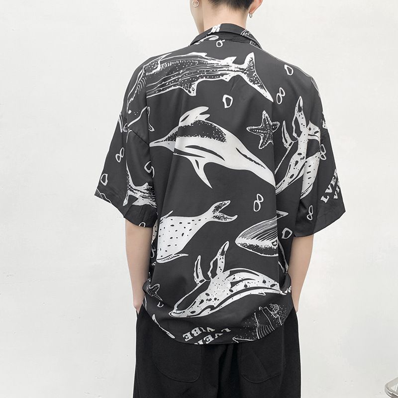 남자 여름 반팔 조폭셔츠 하와이안셔츠 고래문양 오픈카라 - 메인 이미지