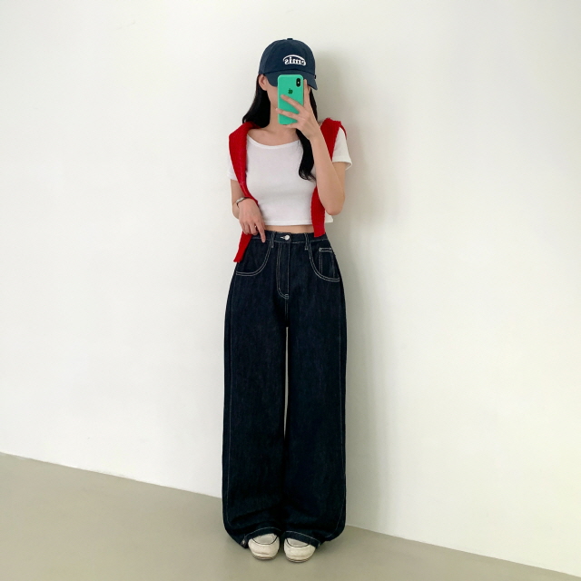 [3단기장/논페이드] 바이헨 스티치 사이드 핀턱 코튼 청바지 스냅 버튼 하이웨스트 생지 와이드 롱 데님팬츠 상세 이미지 7