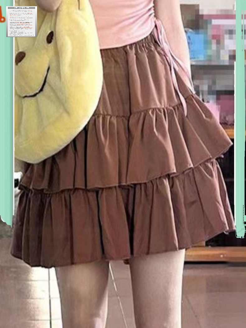 허리 가죽 레더 가을 스커트 프릴 캉캉 블랙 밴딩 브라운 - 상세 이미지 4