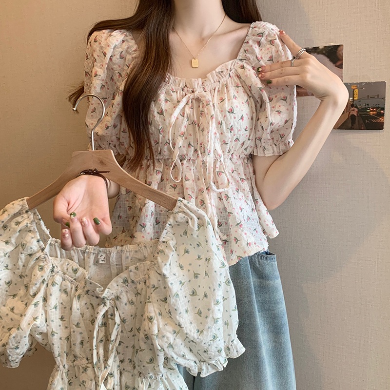 스퀘어넥 꽃무늬 블라우스 반팔 프릴 쉬폰 퍼프소매 예능 연예인 패션 빅사이즈 4XL까지 - 상세 이미지 4
