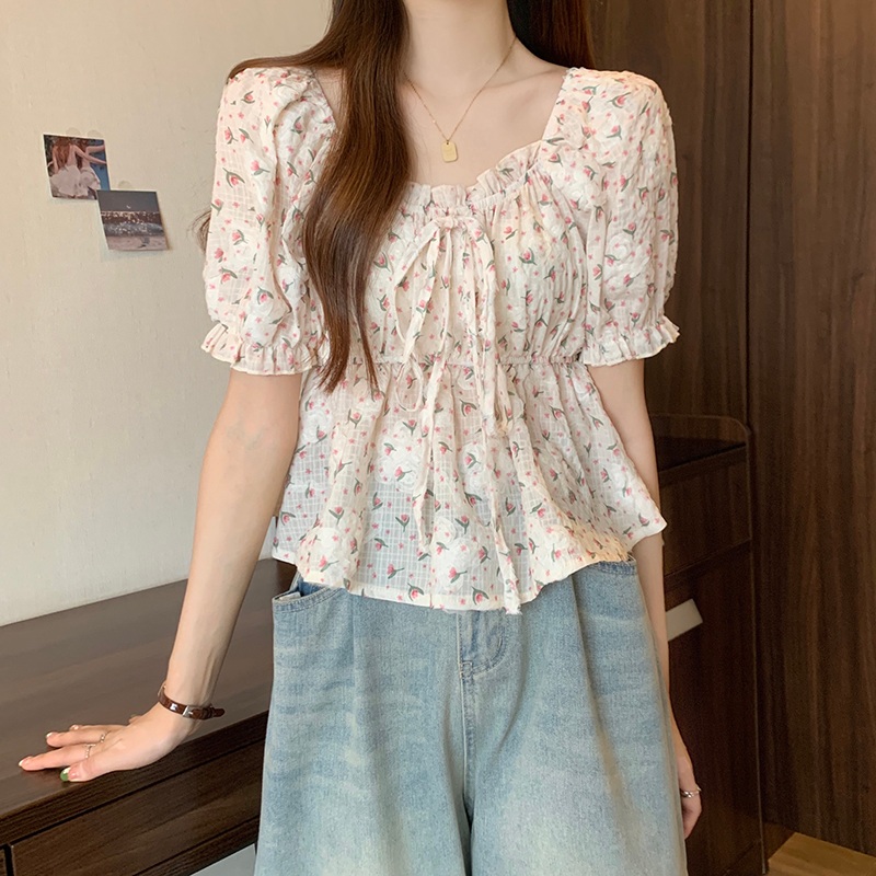 스퀘어넥 꽃무늬 블라우스 반팔 프릴 쉬폰 퍼프소매 예능 연예인 패션 빅사이즈 4XL까지 - 상품 이미지