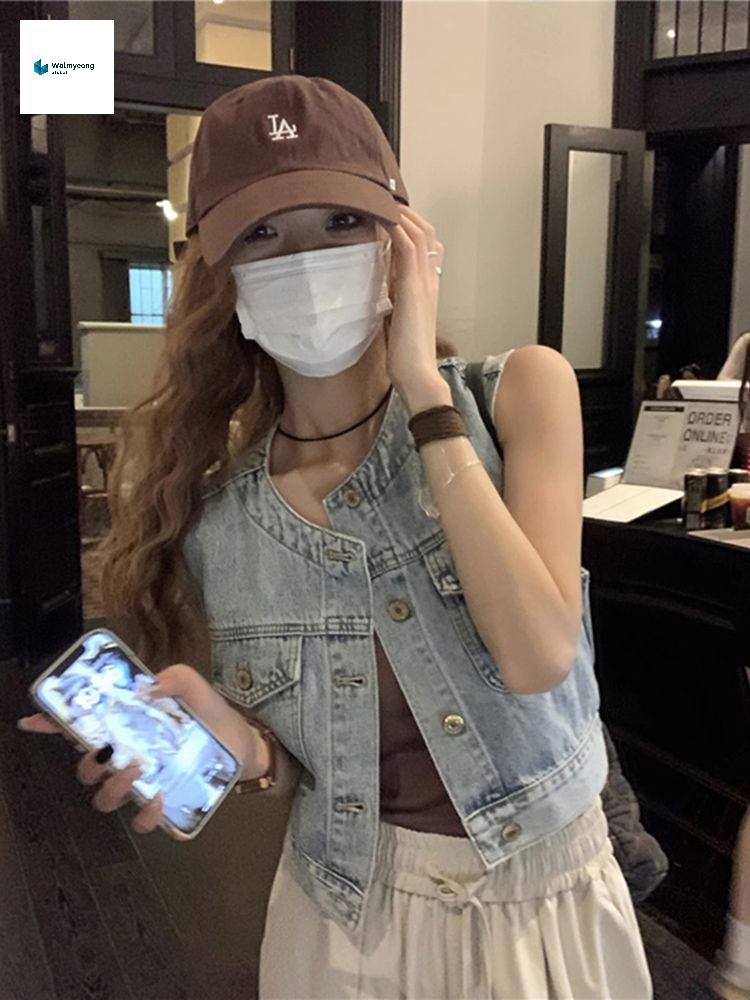 여름 캐주얼 봄 노카라 청자켓 빈티지  데님 조끼 민소매 : 일두잇
