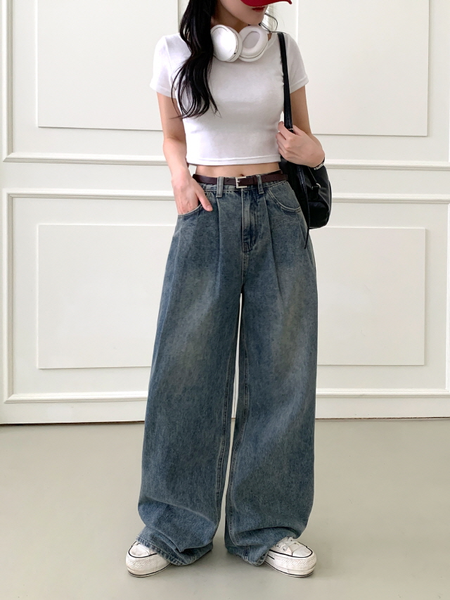 💗30%할인💗[히든밴딩!/3단기장] 레누스 하이웨스트 투 핀턱 청바지 코튼 와이드 빈티지 워싱 데님팬츠 상세 이미지 23