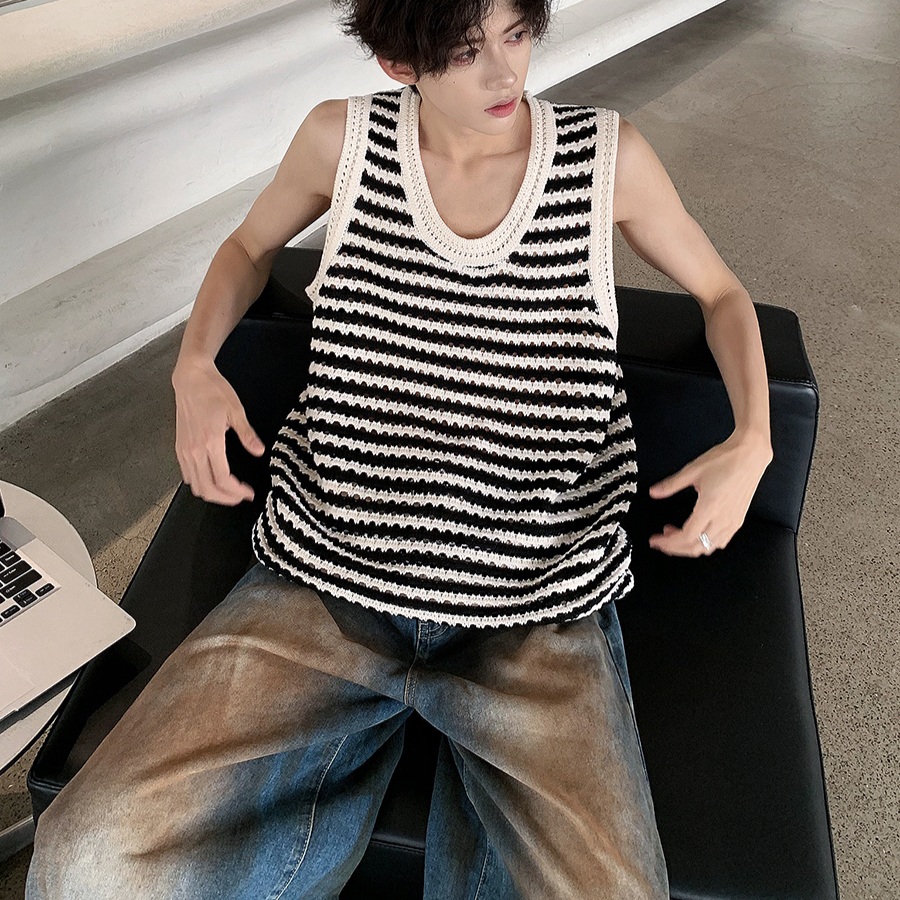 펀칭 스트라이프 니트조끼 그물 구멍 베스트 빈티지 민소매 Y2K 힙한 디자인 여름 - 상품 이미지