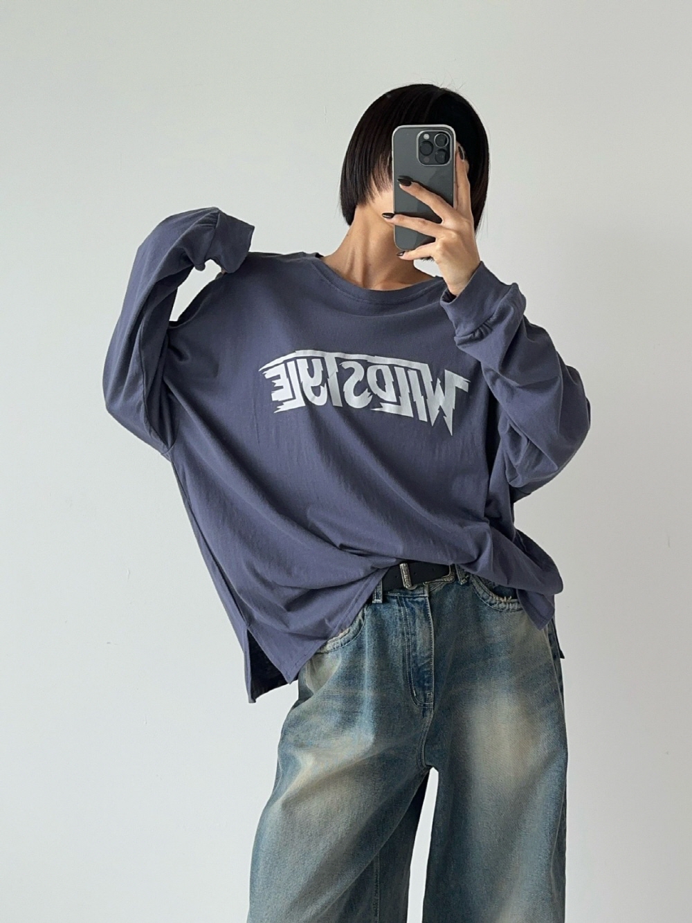 여성긴팔티셔츠 레이어드티 오버핏 레터링 박스 면 트임 이너 티셔츠 이미지 6