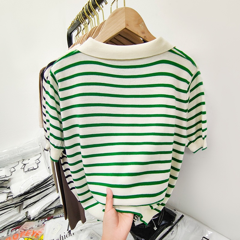 스트라이프 반팔 니트 카라 얼음 실크 통기성 캐주얼 클래식 여름 2컬러 - 상세 이미지 2