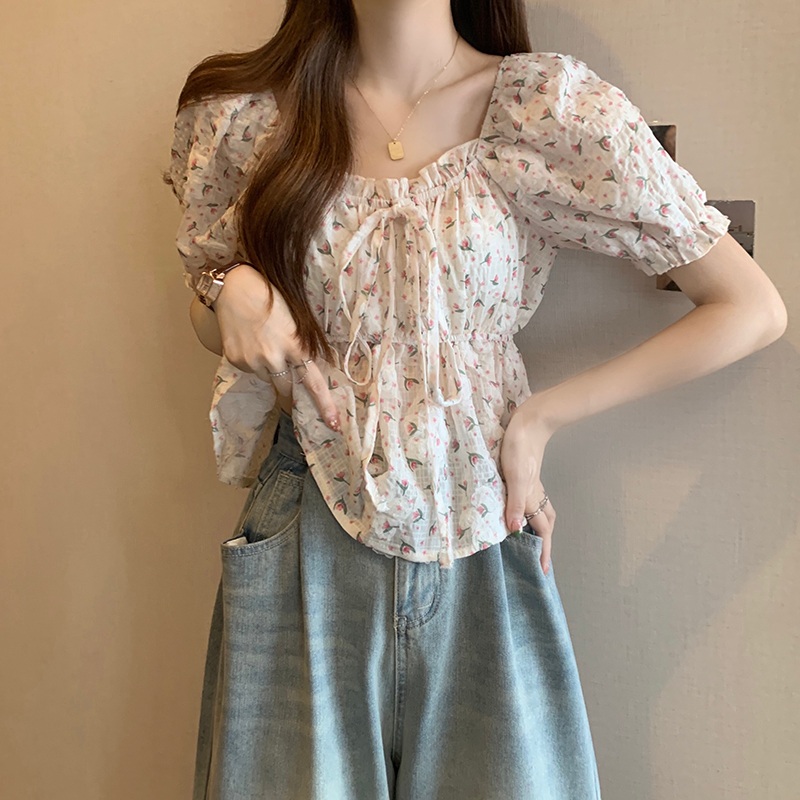 스퀘어넥 꽃무늬 블라우스 반팔 프릴 쉬폰 퍼프소매 예능 연예인 패션 빅사이즈 4XL까지 - 상세 이미지 2
