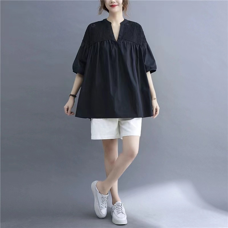 브이넥 블랙 블라우스 뚱뚱 통통 77 88 사이즈 루즈핏 자수 포인트 중년여성 패션 여름 - 상세 이미지 4