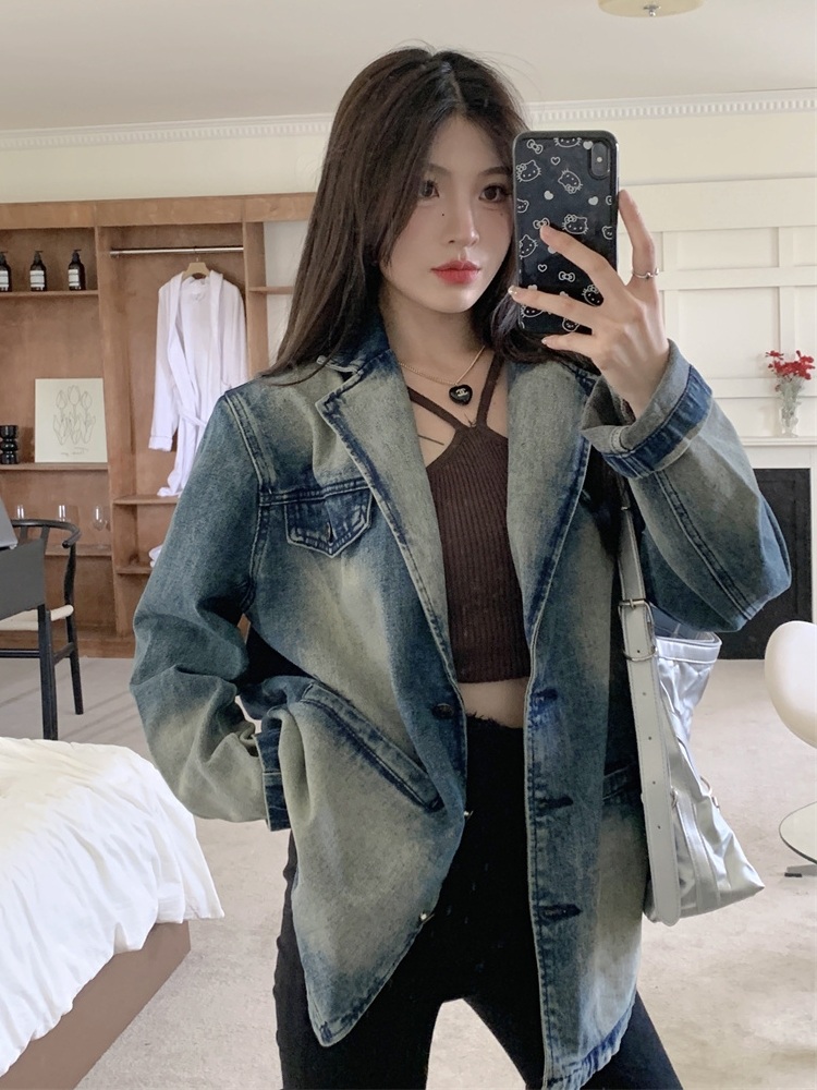 데님 블레이저 자켓 워싱 복고풍 그라데이션 스트릿 Y2K 패션 코디 어깨패드 오버핏 - 상세 이미지 2