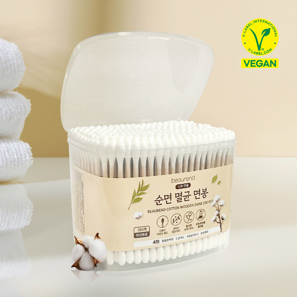 뷰렌드 비건 순면 멸균 나무 면봉 350개입 X 3개 (면봉 케이스 포함)