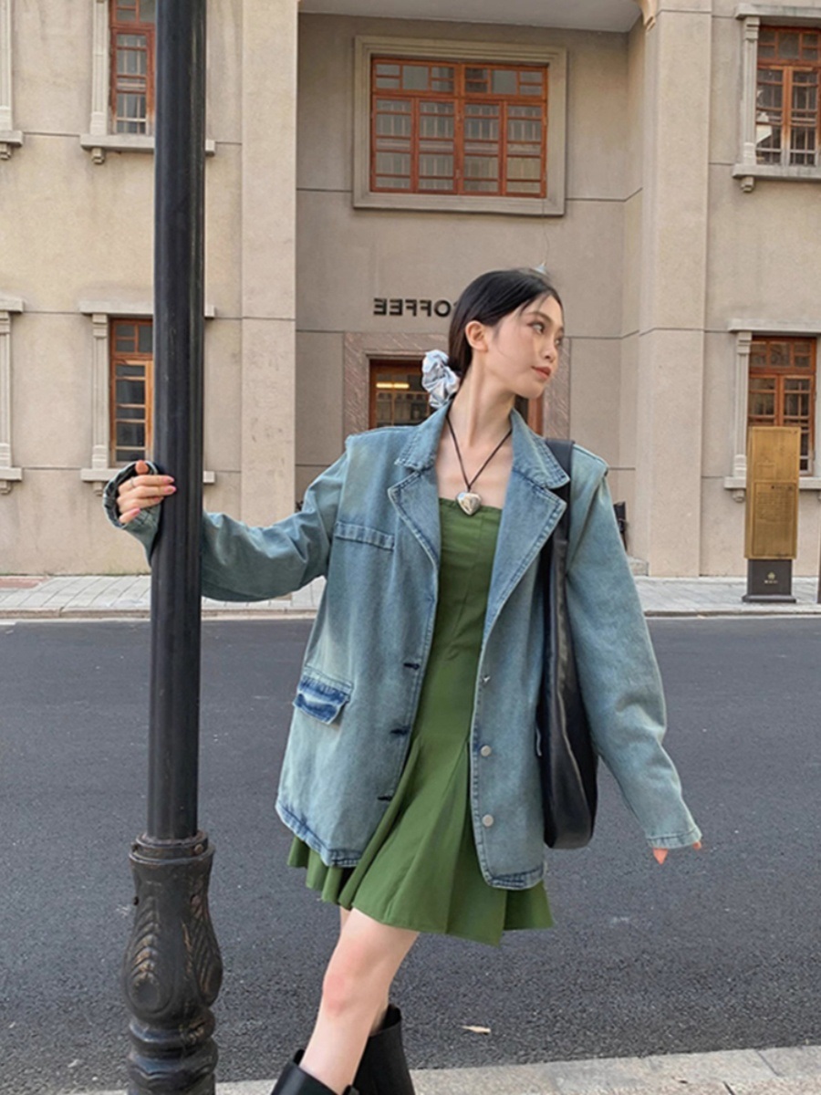 데님 블레이저 자켓 빈티지 루즈핏 캐주얼 유니크 디자인 봄 가을 여배우 드라마 패션 코디 - 상세 이미지 3