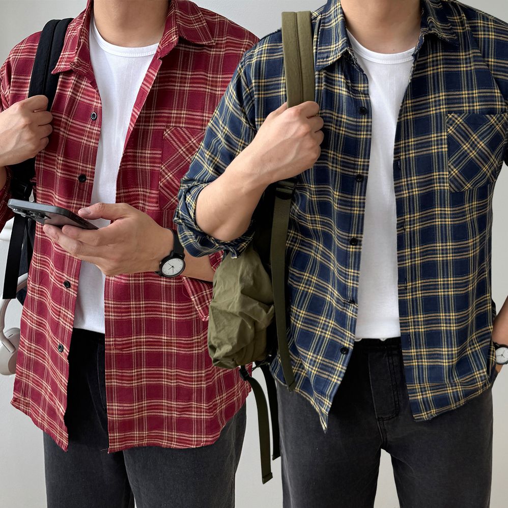 1+1 남자오버핏남방 남성체크셔츠 - 상세 이미지 4