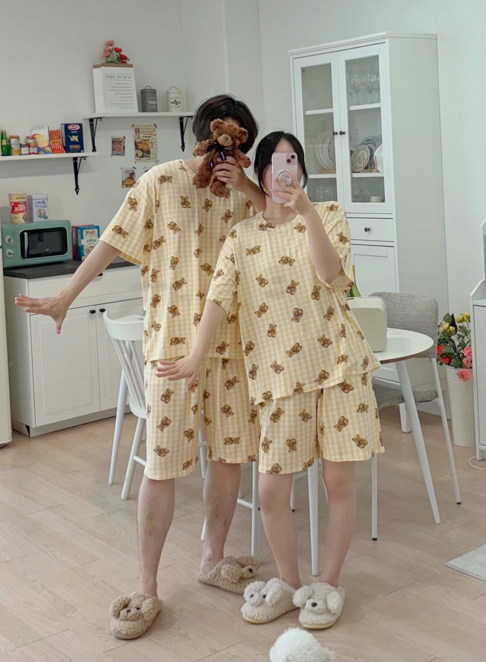 치즈 체크 곰돌이 반팔 잠옷세트 커플 빅사이즈 여름 파자마 이미지 3