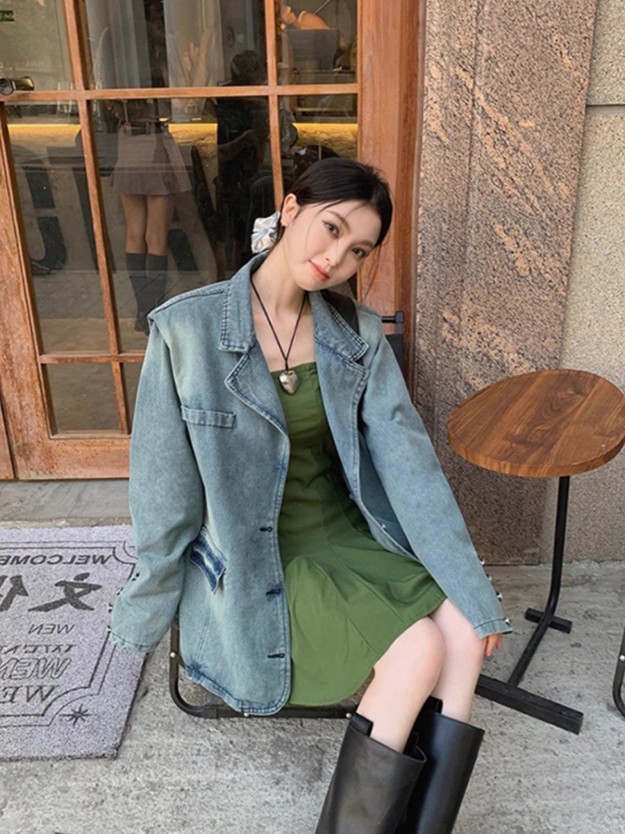데님 블레이저 자켓 빈티지 루즈핏 캐주얼 유니크 디자인 봄 가을 여배우 드라마 패션 코디 - 상세 이미지 2