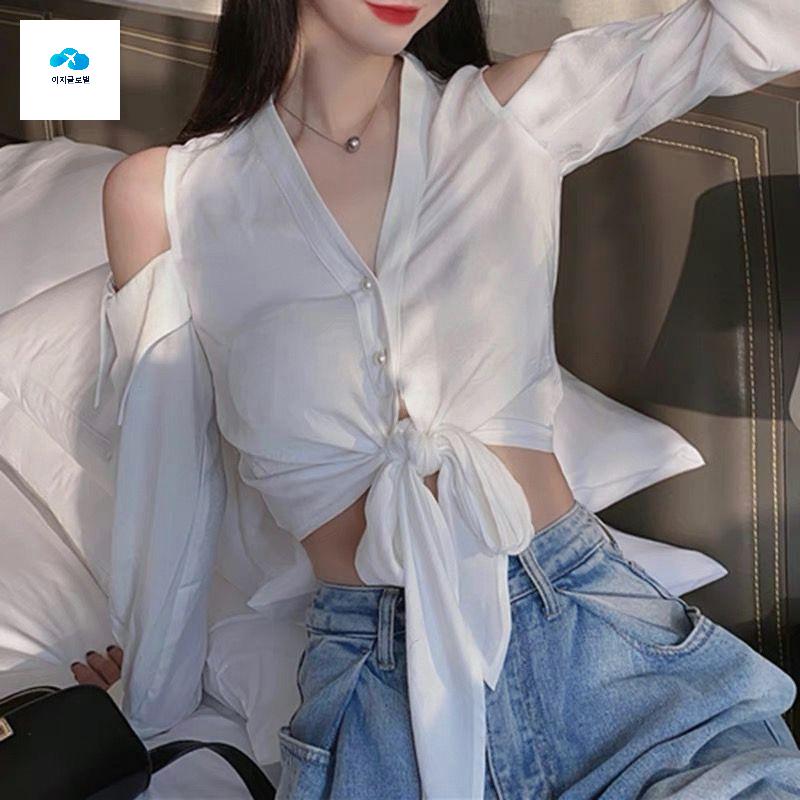 어깨트임 블라우스 짧은 탑 여성 여름 레이스 셔츠 - 상품 이미지