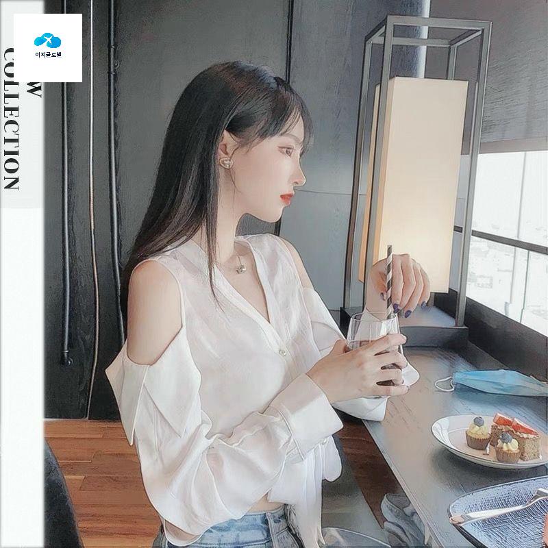 어깨트임 블라우스 짧은 탑 여성 여름 레이스 셔츠 - 상세 이미지 2