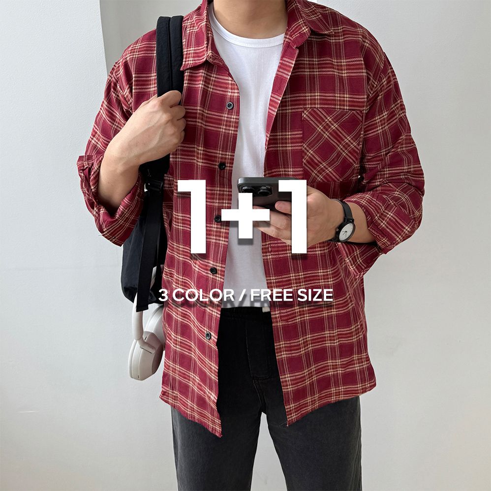 1+1 남자오버핏남방 남성체크셔츠 - 상세 이미지 3