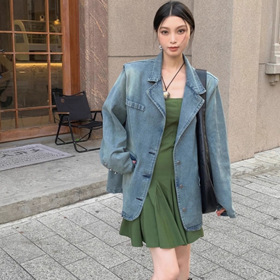 데님 블레이저 자켓 빈티지 루즈핏 캐주얼 유니크 디자인 봄 가을 여배우 드라마 패션 코디 - 상품 이미지