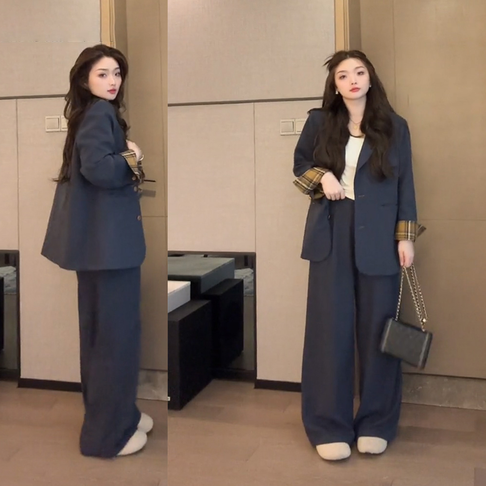 빅사이즈 초가을 오피스룩 오버핏 정장 봄 가을 여성 세미 투피스 - 상품 이미지