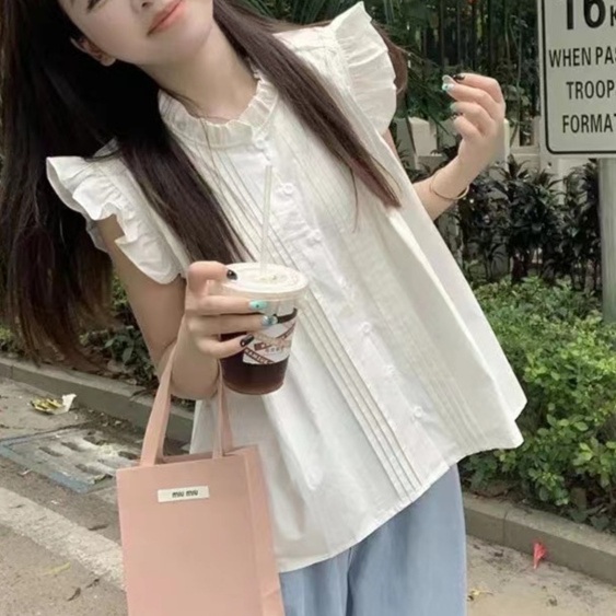 프릴 민소매 블라우스 귀여운 청순 디자인 여친룩 패션 코디 화이트 블루체크 - 상품 이미지