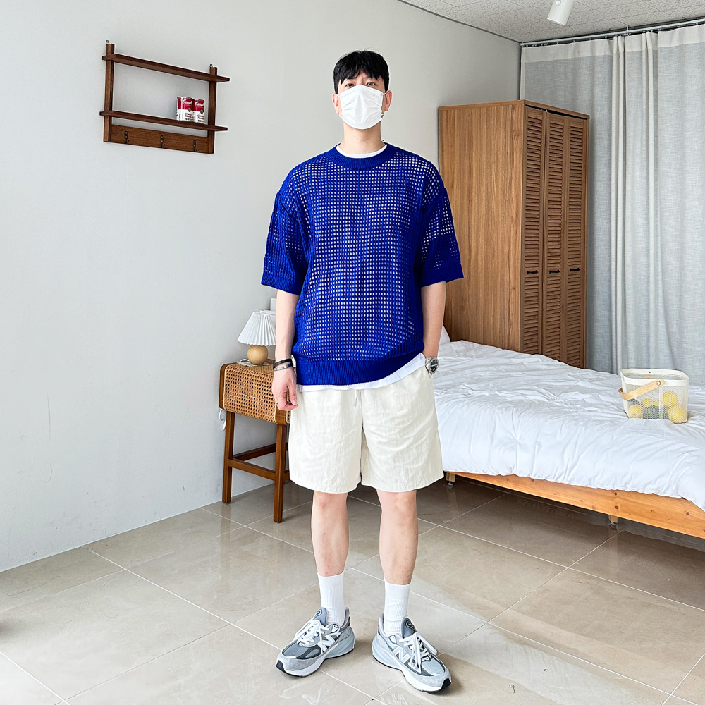 남녀공용 여름 펀칭 풀오버 라운드 오버핏 그물 시스루 반팔 니트 3color - 상세 이미지 4