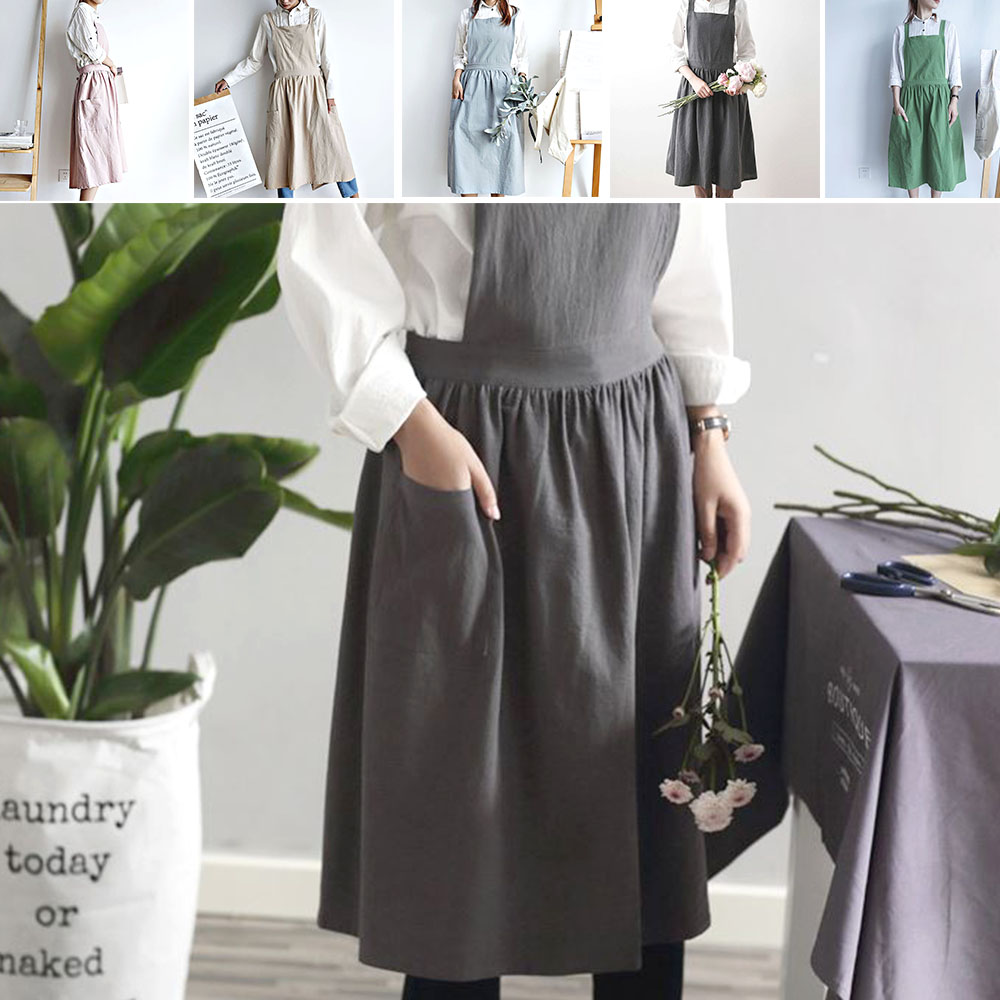 여성 원피스 앞치마 내츄럴 여자 어린이집 카페 주머니 워싱 작업복