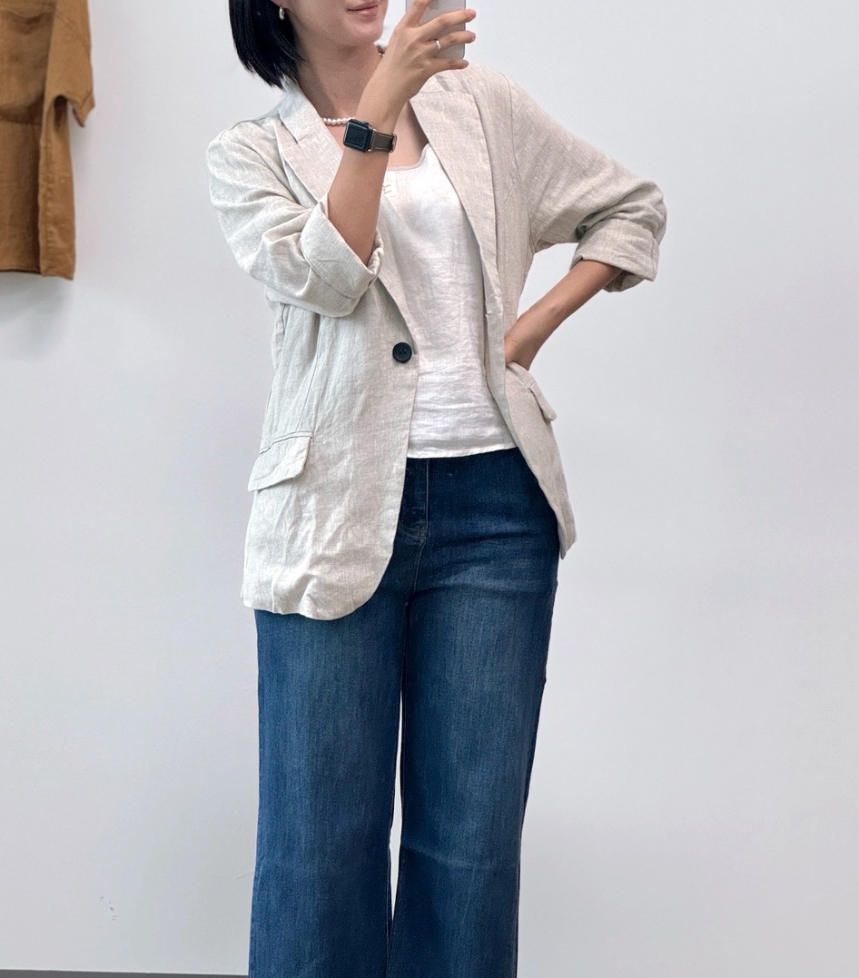 원버튼 린넨자켓 7부소매 기본자켓 봄여름가을용 - 상세 이미지 3