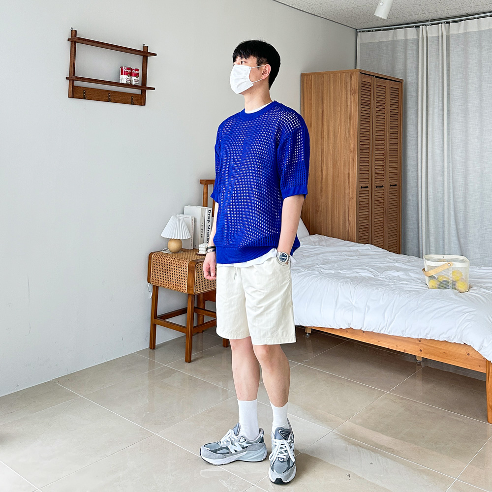 남녀공용 여름 펀칭 풀오버 라운드 오버핏 그물 시스루 반팔 니트 3color - 상세 이미지 3