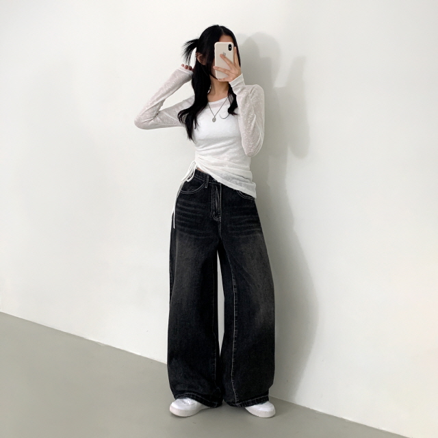 [초와이드/3단기장/투웨이/💗제작특가] 럭코이 캣브러쉬 워싱 밑단 스냅 버튼 청바지 하이웨스트 와이드 데님 팬츠 상세 이미지 53