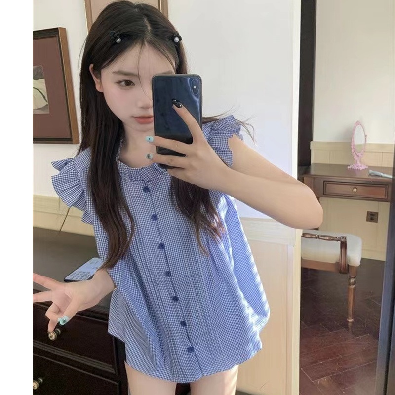 프릴 민소매 블라우스 귀여운 청순 디자인 여친룩 패션 코디 화이트 블루체크 - 상세 이미지 4