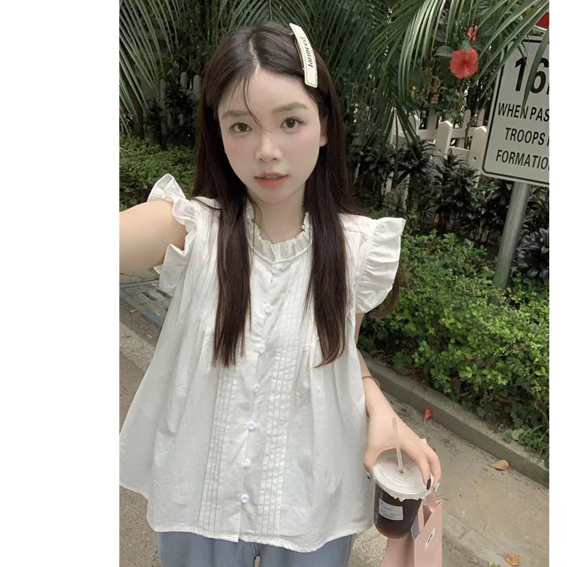 프릴 민소매 블라우스 귀여운 청순 디자인 여친룩 패션 코디 화이트 블루체크 - 상세 이미지 5