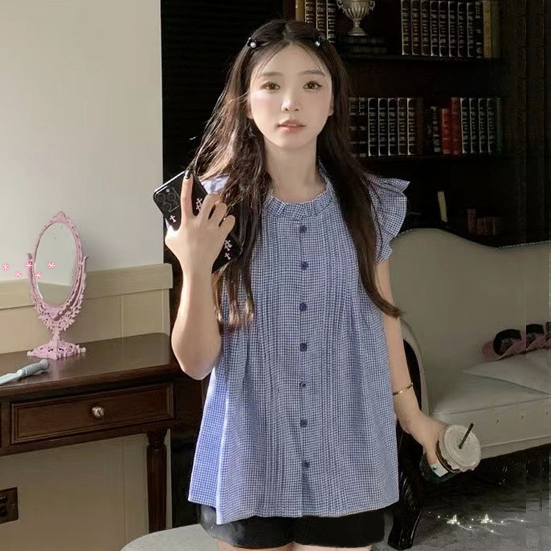 프릴 민소매 블라우스 귀여운 청순 디자인 여친룩 패션 코디 화이트 블루체크 - 상세 이미지 2