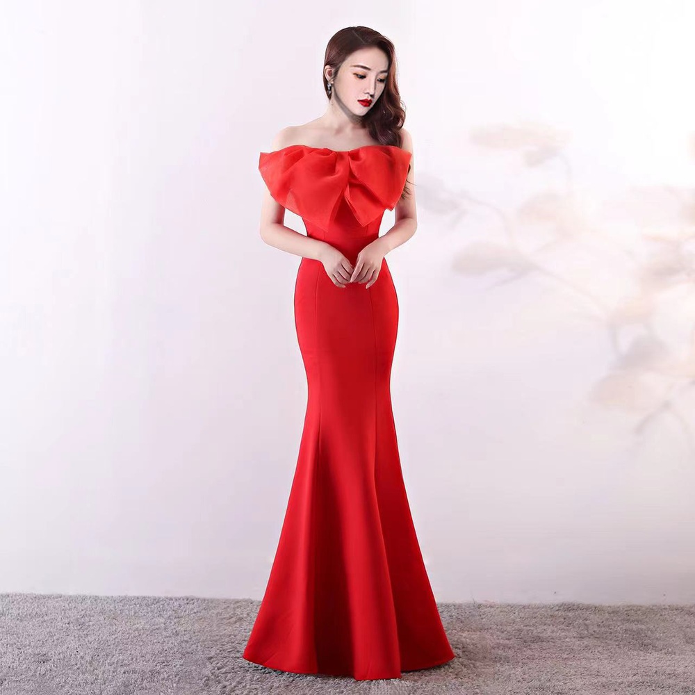 튜브탑 머메이드 드레스 리본포인트 연주 공연 파티 오프숄더 블랙 레드 셀프웨딩 촬영 5컬러 - 상세 이미지 2