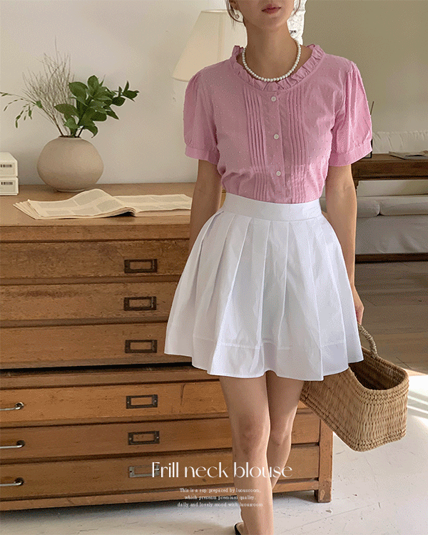 루브 핀턱 주름 라운드넥 프릴 소매 퍼프 셔링 여름 반팔 셔츠 블라우스 - 메인 이미지