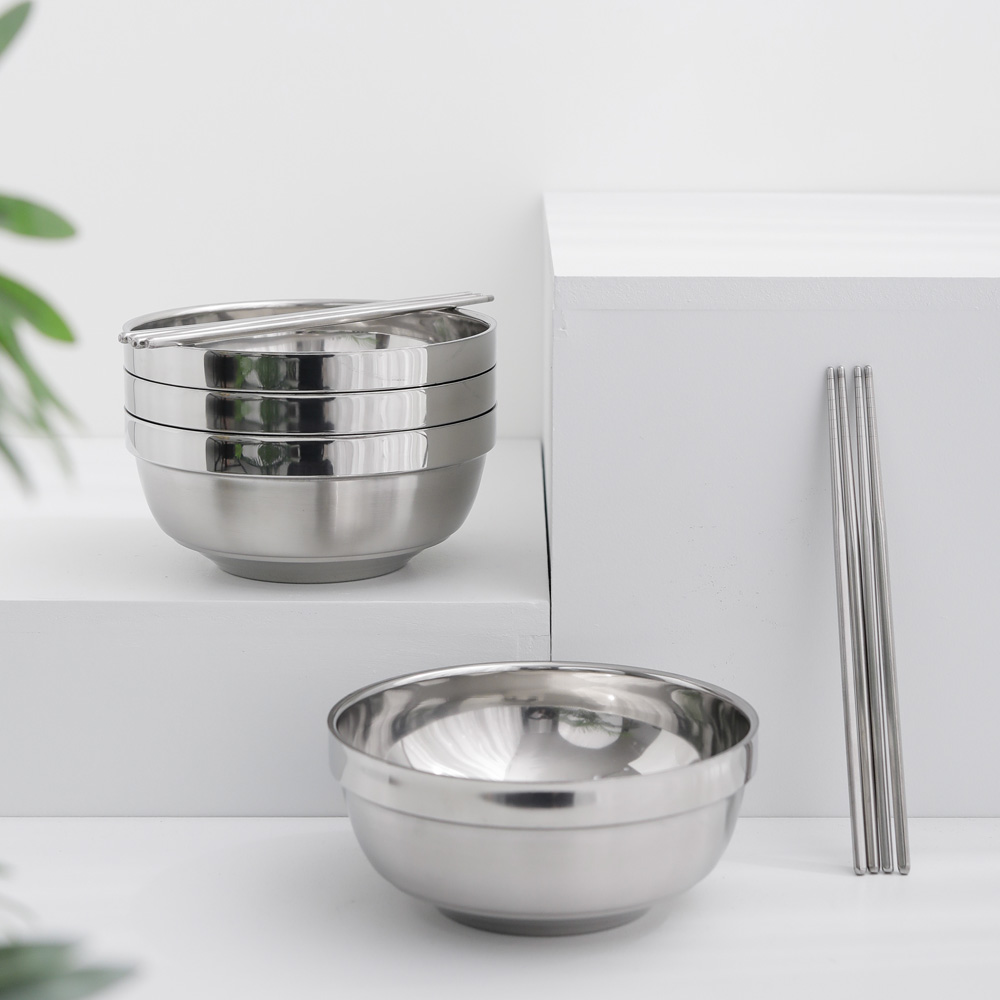 시샘 국 냉면 그릇 탕기 대 스텐 이중 칼국수 비빔밥 냉면기 20cm+젓가락 4세트 이미지 8