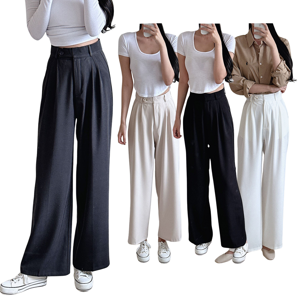 여성 와이드 슬랙스 투턱 하이웨스트 스판 키작녀 정장바지 빅사이즈