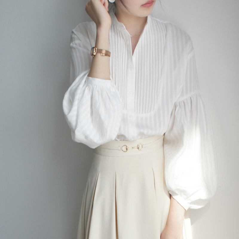 프렌치 스트라이프 봄 여름 가을  벌룬 퍼프 소매 화이트 셔츠 블라우스