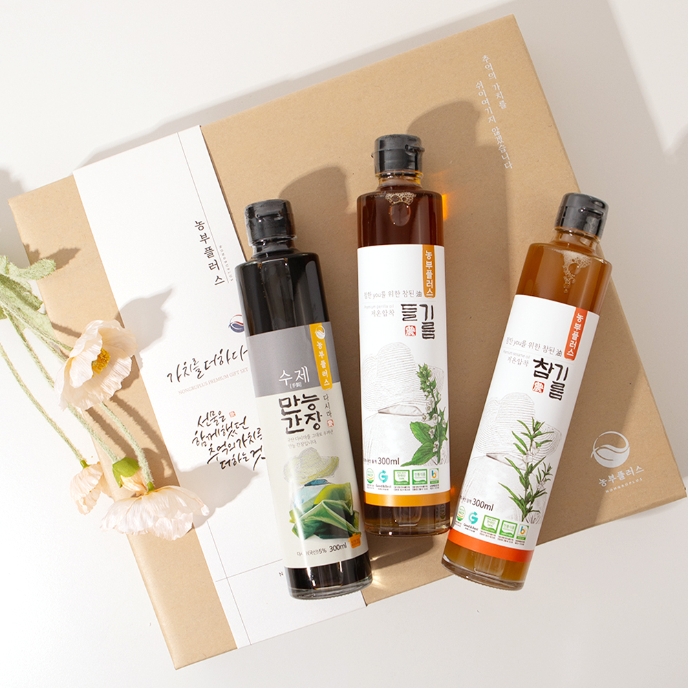 다시마간장 국산 저온압착참기름 저온압착들기름  300ml 3병선물세트 농부플러스 - 상세 이미지 2