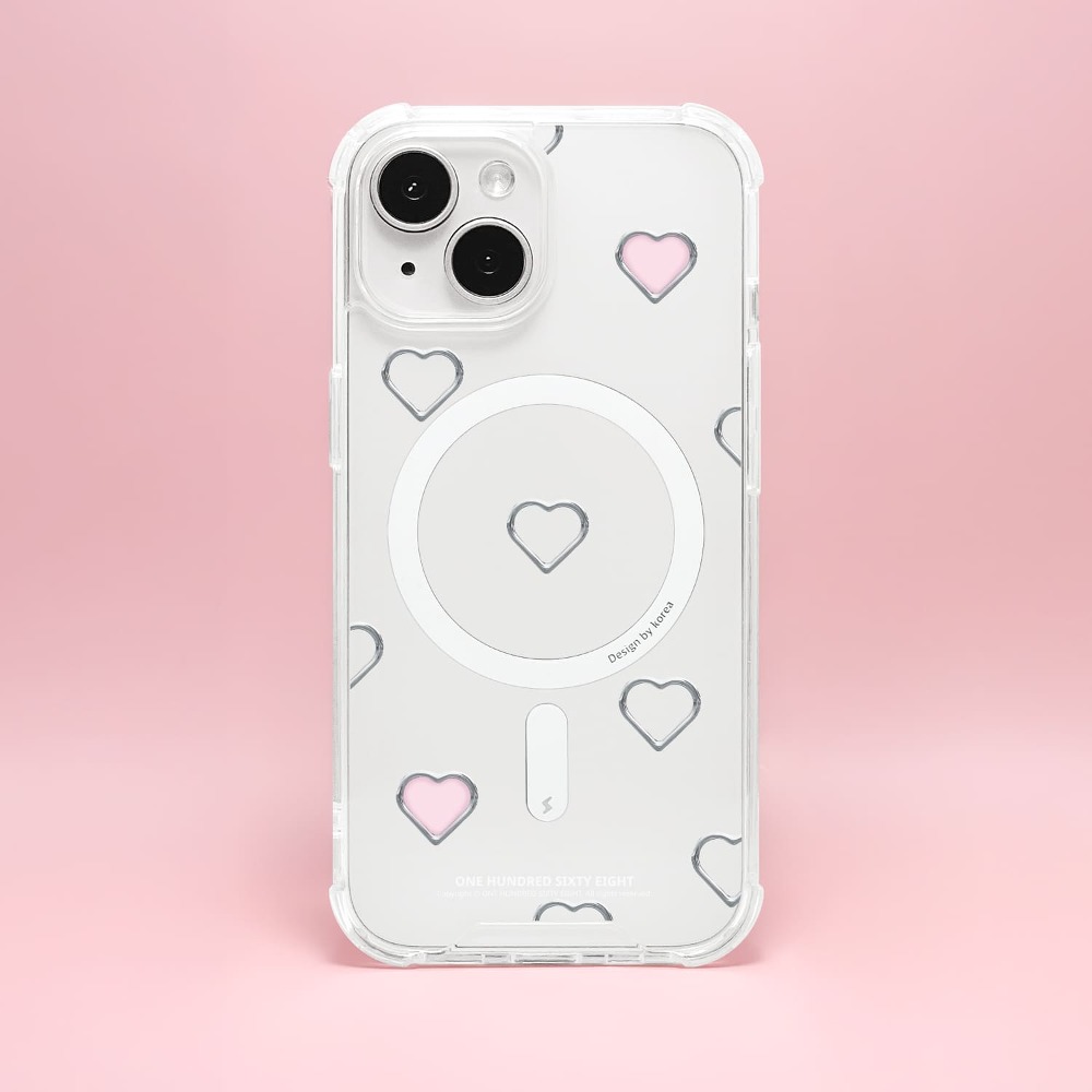 아이폰15 맥세이프 케이스 투명 자석 하트 실버링 패턴