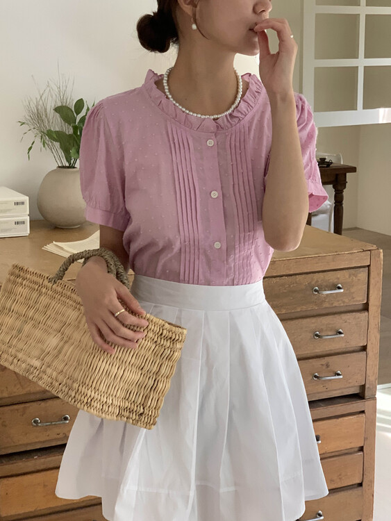 루브 핀턱 주름 라운드넥 프릴 소매 퍼프 셔링 여름 반팔 셔츠 블라우스 - 상세 이미지 2