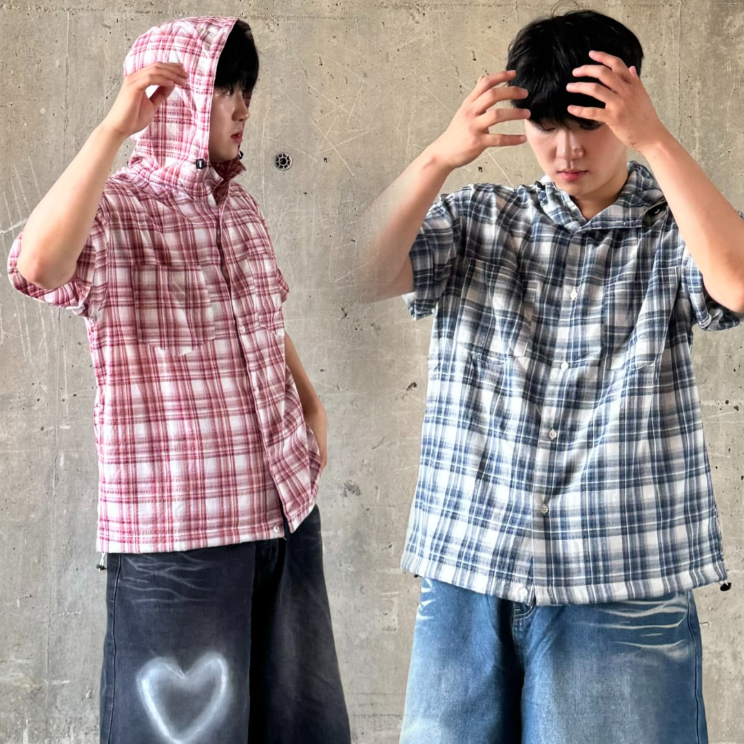 남자 반팔 셔츠 체크 남방 후드 오버핏 - 상품 이미지