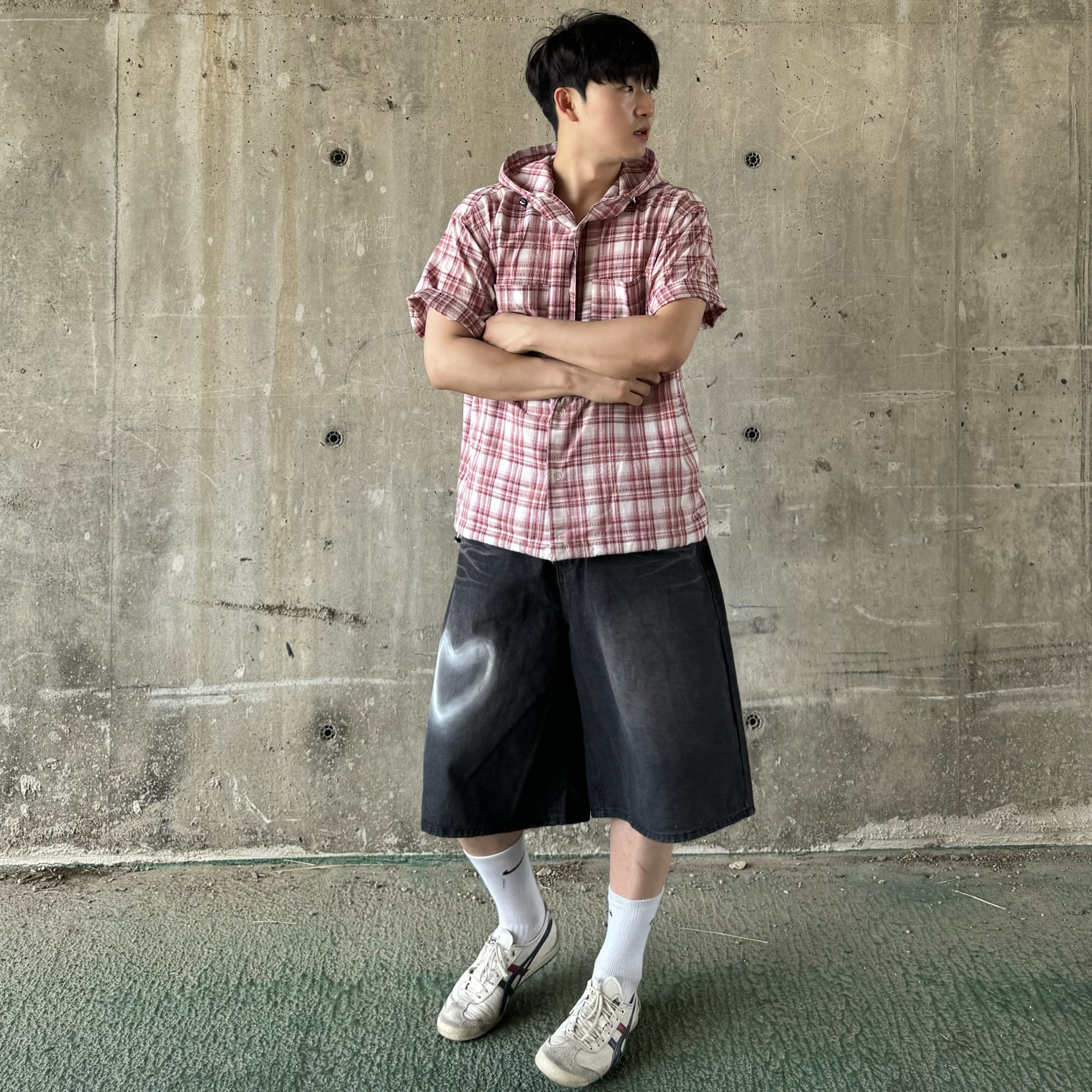 남자 반팔 셔츠 체크 남방 후드 오버핏 - 상세 이미지 4