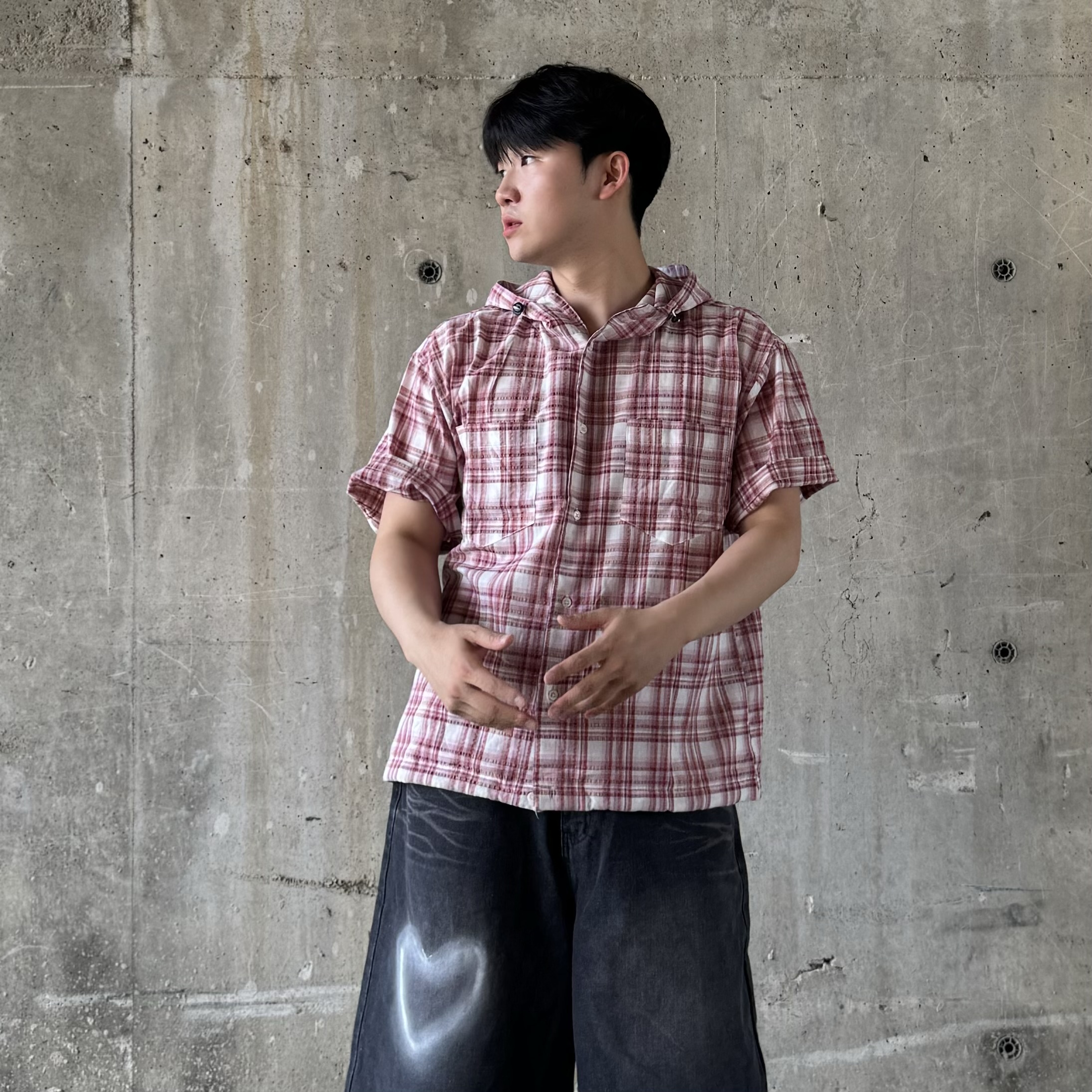 남자 반팔 셔츠 체크 남방 후드 오버핏 - 상세 이미지 2
