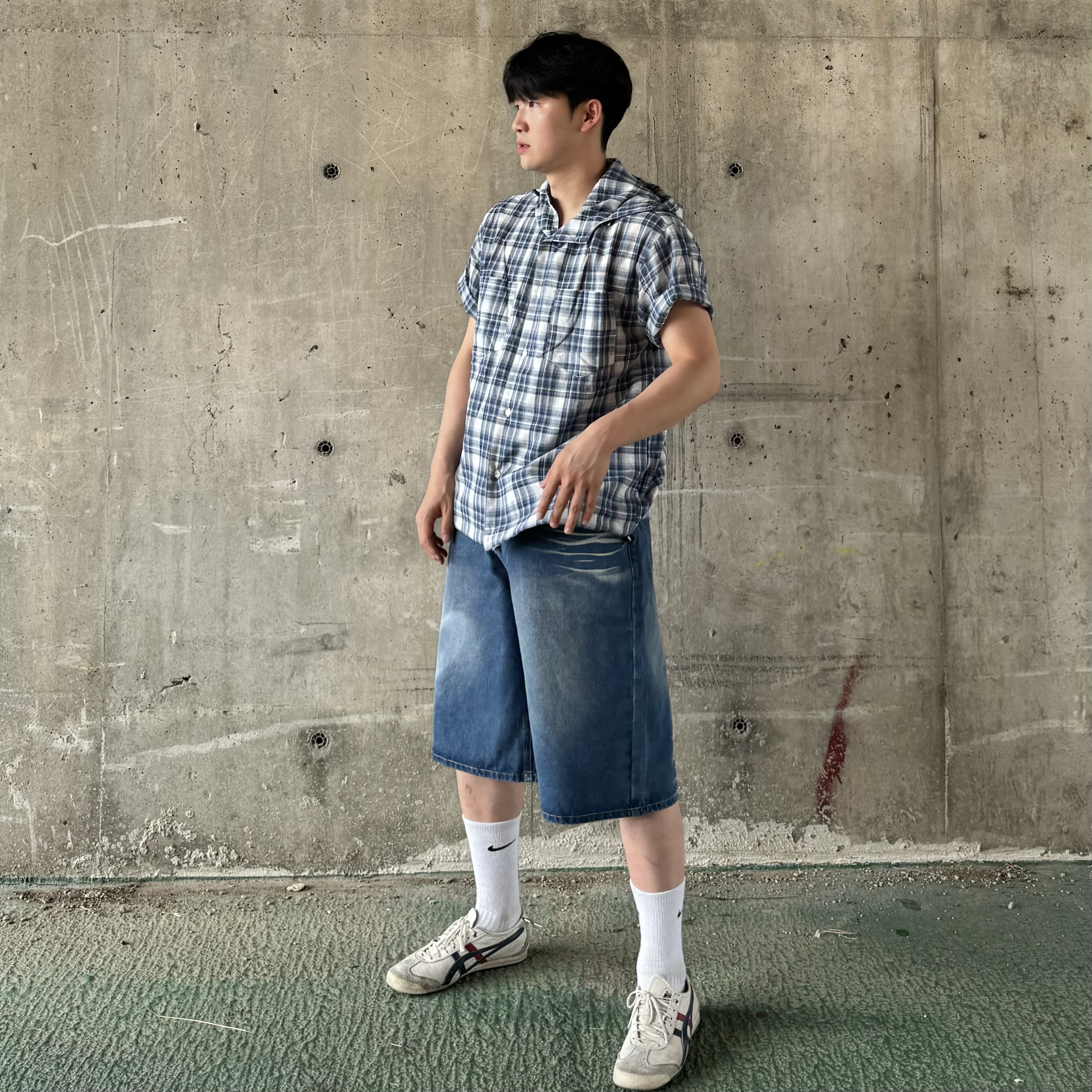 남자 반팔 셔츠 체크 남방 후드 오버핏 - 상세 이미지 3
