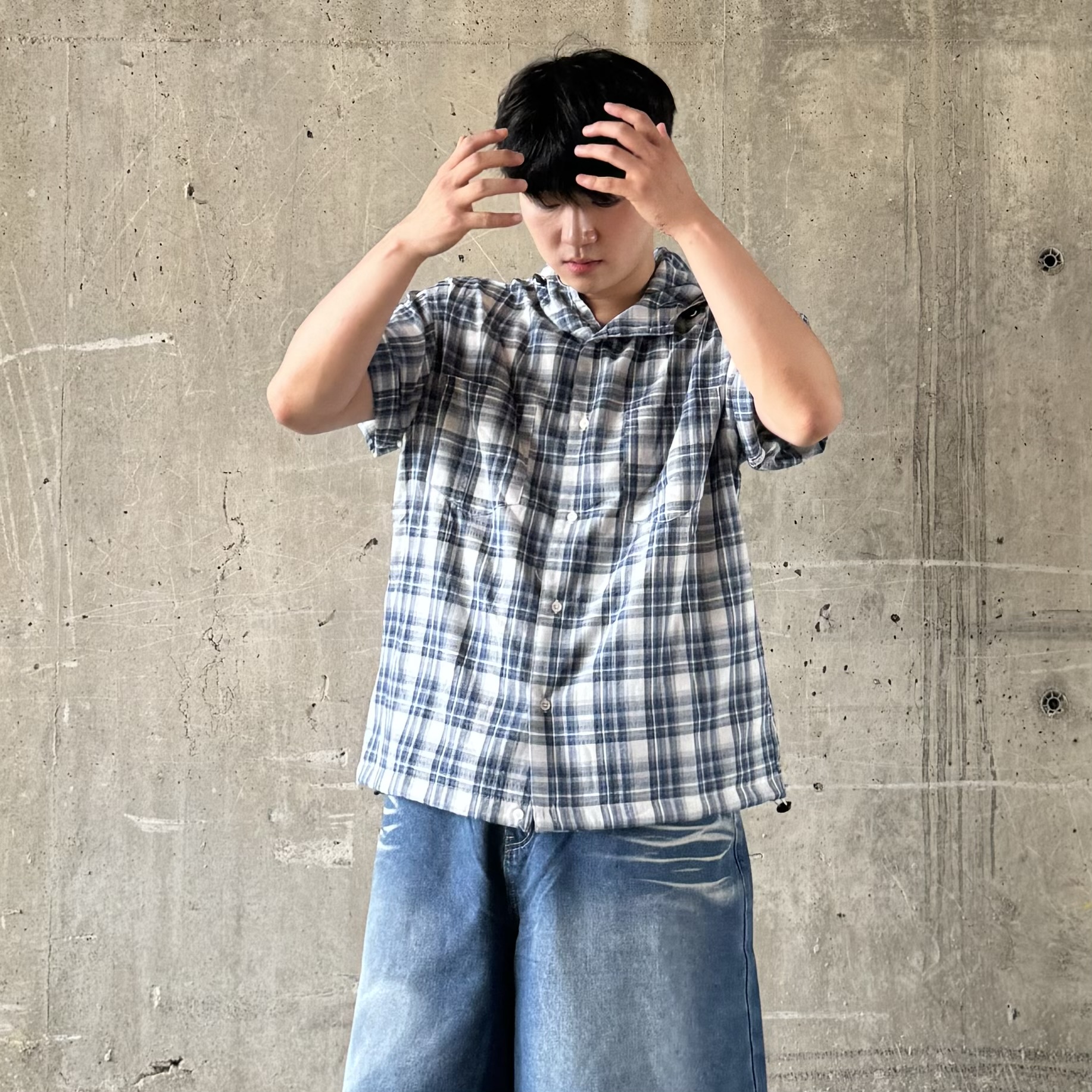 남자 반팔 셔츠 체크 남방 후드 오버핏 - 상세 이미지 5