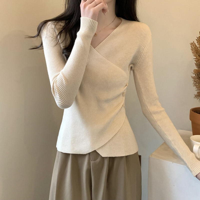 여성 봄 가을 프리사이즈 슬림핏 브이넥 버튼디테일 골지니트 티셔츠